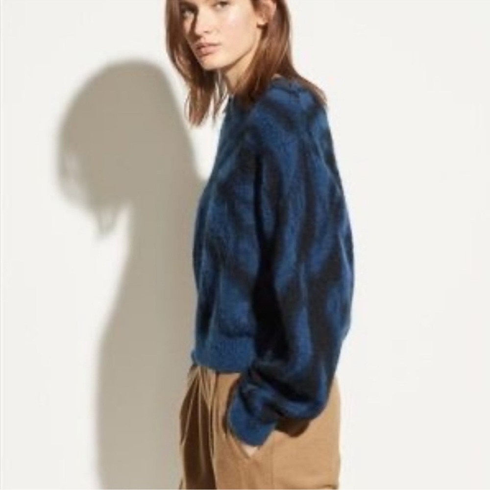Vince Tie Dye Alpaca wool Mohair Crewneck Sweater In Navy cozy fall winter - Picture 2 of 8